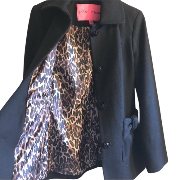 Betsey Johnson Black Wool Blend Coat Knit Bows Pockets Button up Size 2 Pea Coat - Picture 4 of 7